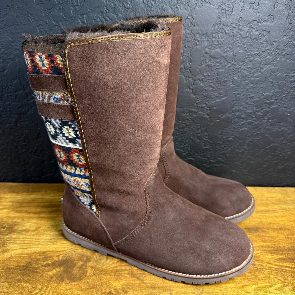 Lamo Tribal Pattern Suede Textile Mid-Calf Boot Womens Size 10‎ Brown